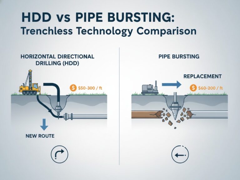 An infographic comparing Horizontal Directional Drilling (HDD) and Pipe Bursting trenchless technologies, showing the drilling process for a new route versus pipe replacement, along with average costs per foot.