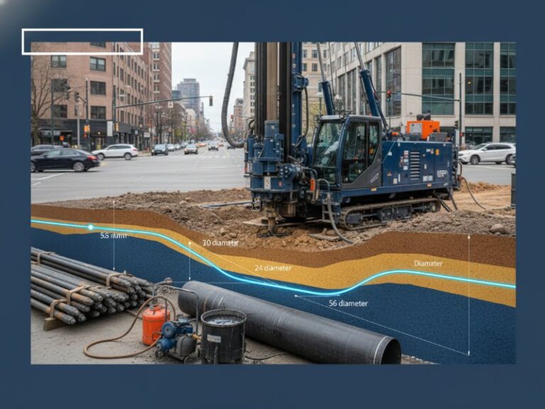 An industrial blue horizontal directional drilling rig on a city street with a cross-section diagram showing the underground drill path through various soil layers and measurement indicators.