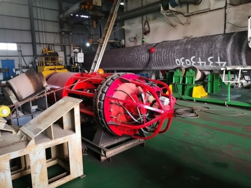 A large red industrial internal line-up clamp used for pipe welding in a fabrication workshop, shown next to a large black pipe.