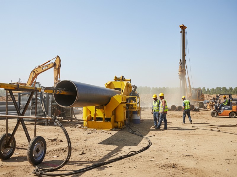 A yellow pipeline cold bending machine being operated by workers at an industrial construction site for professional pipeline bending services
