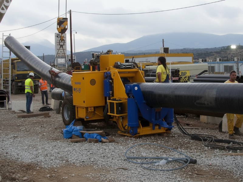 Professional pipeline cold bending service using a heavy-duty yellow hydraulic pipe bender to shape a large-diameter black pipe on an industrial construction site