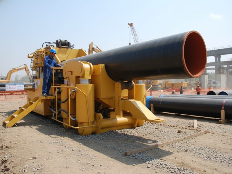 A worker stands on a heavy-duty yellow hydraulic pipe bender providing pipeline cold bending services for large diameter black steel pipes at an outdoor construction project