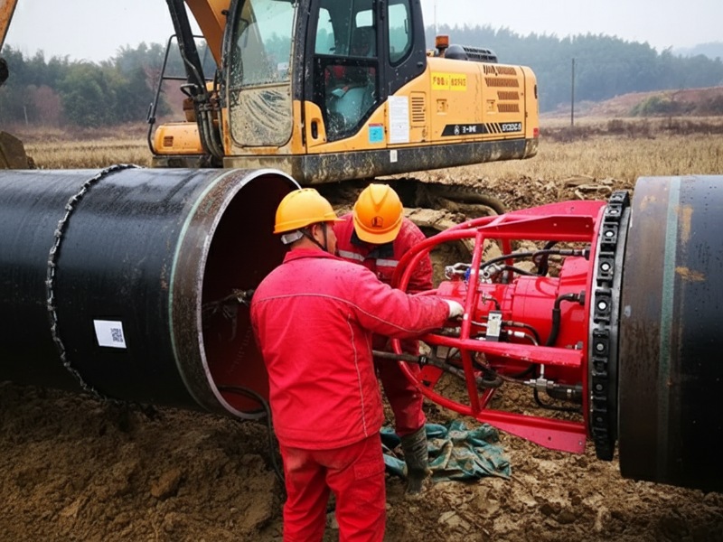 Two construction workers in red uniforms and yellow hard hats operating an internal pipe alignment machine on a large diameter pipeline with an excavator in the background.