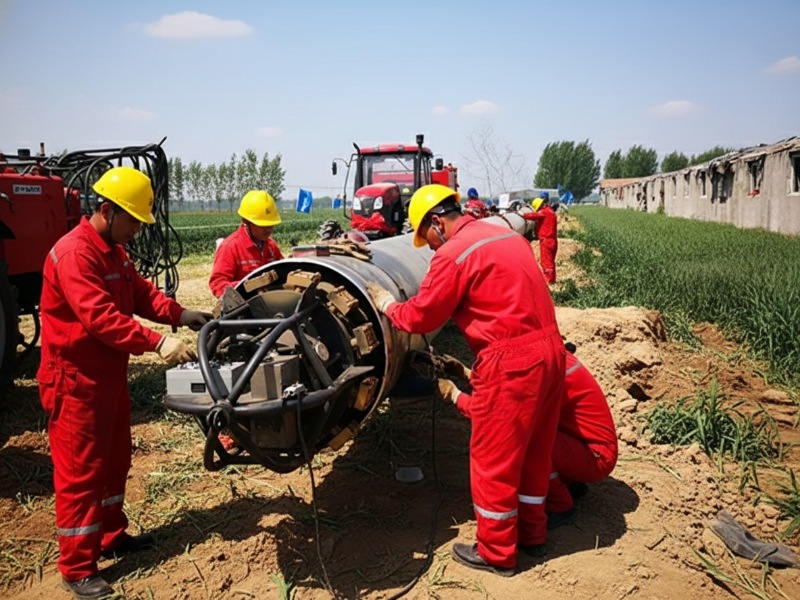 A team of industrial workers in red coveralls and yellow hard hats operating specialized welding or coating equipment on a large-diameter pipeline in a rural field.
