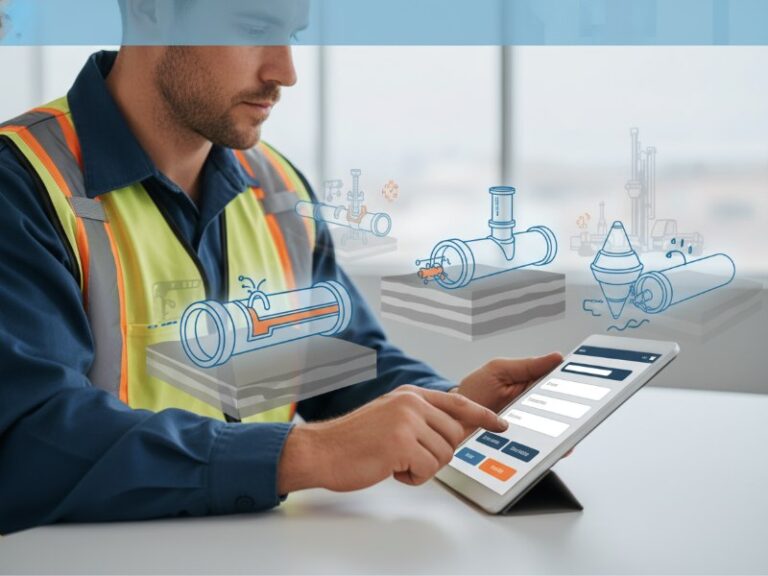 An industrial worker in a high-visibility safety vest uses a tablet with augmented reality overlays depicting underground piping systems for maintenance and inspection.