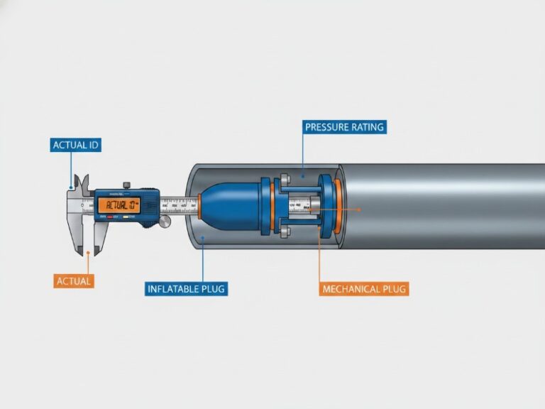 A technical illustration showing the comparison between an inflatable pipe plug and a mechanical pipe plug inside a pipe section, with a digital caliper measuring the actual internal diameter for pressure rating determination.