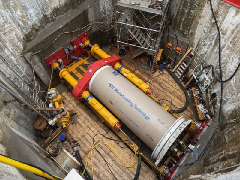 A JSW Microtunneling Technology machine with hydraulic jacks and thrust frames installed inside a deep concrete shaft for underground pipe jacking