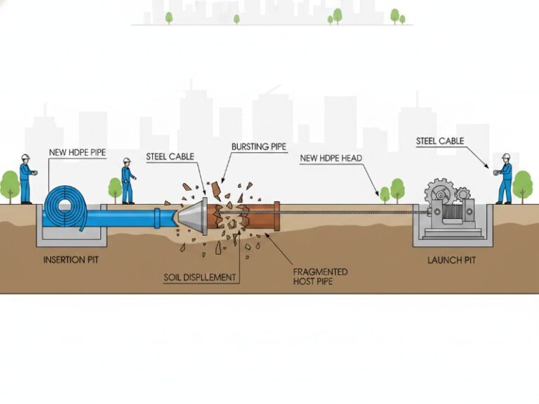 A detailed cross-section illustration of the trenchless pipe bursting method, showing a new HDPE pipe being pulled through an existing damaged pipe by a steel cable, with workers at the insertion and launch pits.
