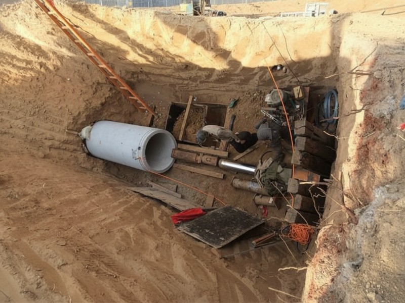 A large concrete pipe being installed using pipe jacking techniques in a deep sandy excavation pit at a construction site.