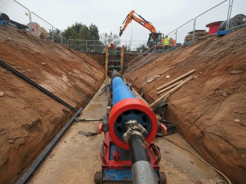 A large blue pipe being installed using pipe ramming technology within a deep earthen trench at a construction site with an excavator and workers.
