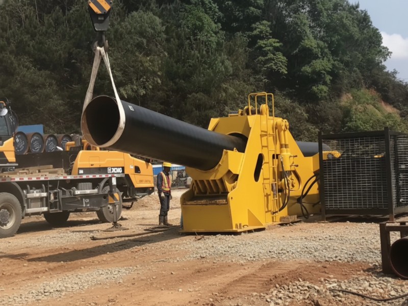 Heavy-duty yellow machinery performing a pipeline cold bending service on a large black steel pipe at an outdoor construction site
