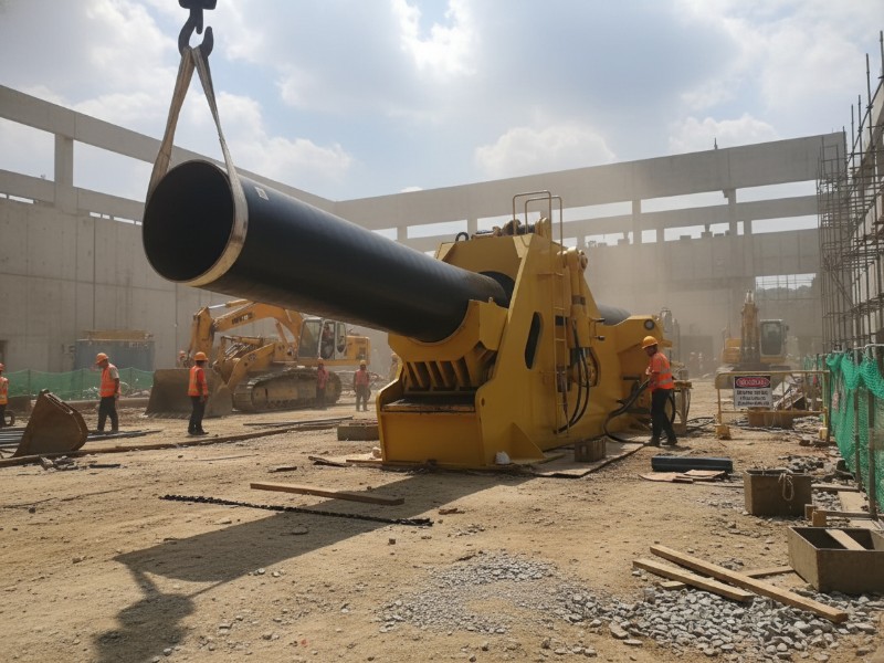A large diameter black steel pipe being positioned into a heavy-duty yellow pipeline cold bending machine at an industrial construction site with workers in safety gear