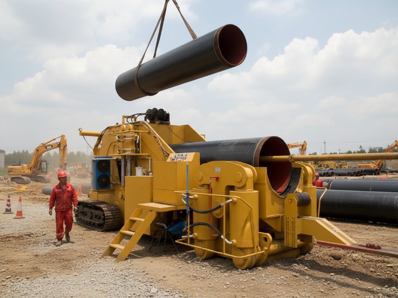 A large yellow industrial cold bending machine being used at a construction site to bend black steel pipes for pipeline installation services