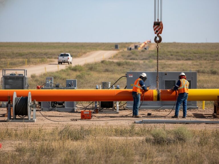 Outdoors industrial oil and gas pipeline construction site, rural or semi‑desert landscape, large steel pipeline being laid on the ground with welding and lifting equipment, two construction workers in high‑visibility safety vests and hard hats, working near a pipeline section, HDRI high‑quality, realistic 8K, professional industrial construction photography, depth of field, long shot, 35mm lens. In the background, a small SUV or pickup truck parked on a dirt road near the construction area, soft daylight, clear sky, industrial construction atmosphere, no buildings, no city skyline, no dense urban environment. Colors: orange/yellow pipeline, gray metal, light blue sky, green/brown field, contrast with white/silver SUV, clean and professional construction service image, suitable for technical blog cover.