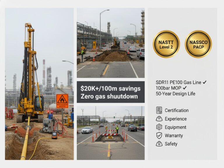 A professional gas line installation project featuring SDR11 PE100 pipe being laid with trenchless drilling machinery at an industrial refinery, highlighting NASTT and NASSCO certifications.