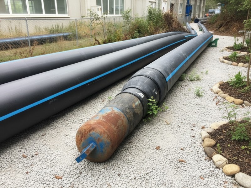 Large black HDPE pipes with a blue stripe and a rusted metal nose cone pulling head prepared for a slip lining trenchless pipe restoration project on a gravel path.