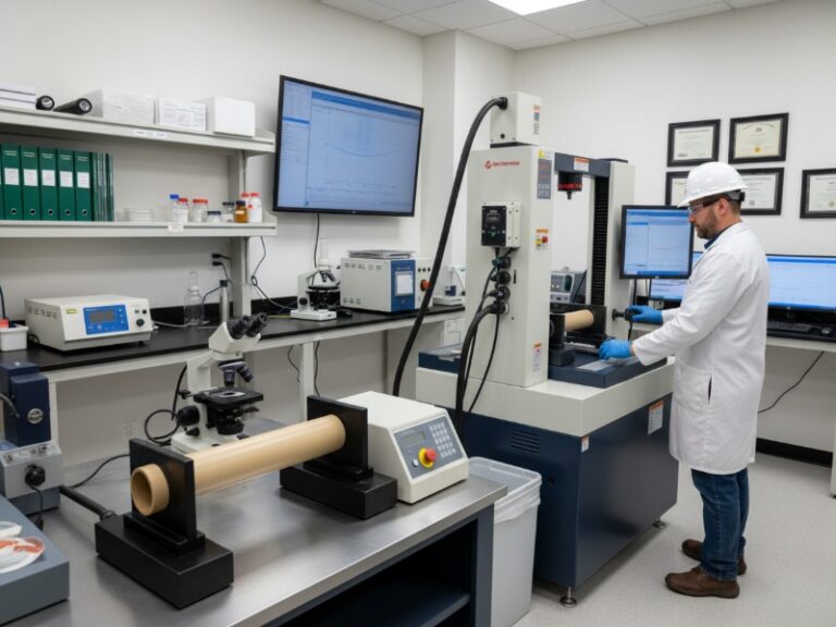 A technician in a white lab coat, hard hat, and safety goggles operates a universal materials testing machine in a high-tech quality control laboratory.