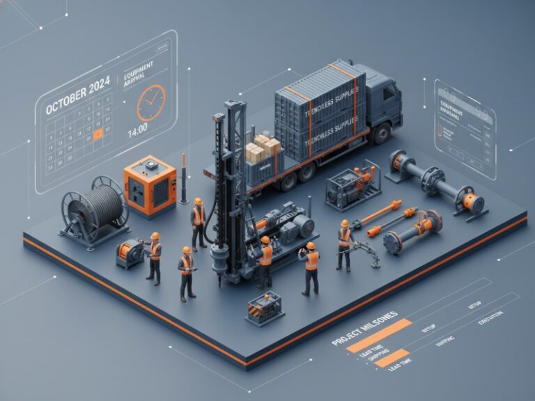 An isometric 3D visualization of trenchless equipment logistics and project planning, featuring a drilling rig, cargo truck, industrial workers, and digital project management UI overlays showing milestones and equipment arrival schedules.