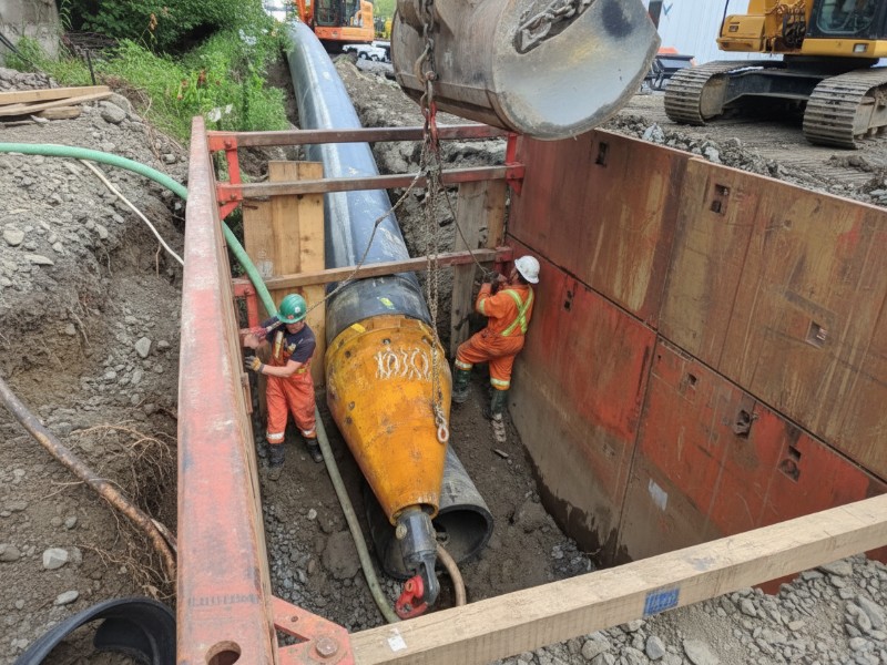 Construction workers operating a trenchless pipe bursting system in a protected excavation site to replace underground utility lines.