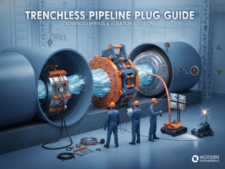 An illustrative guide to trenchless pipeline plugs showing advanced bypass and isolation solutions with engineers operating robotic equipment and monitoring water flow inside large industrial pipes.