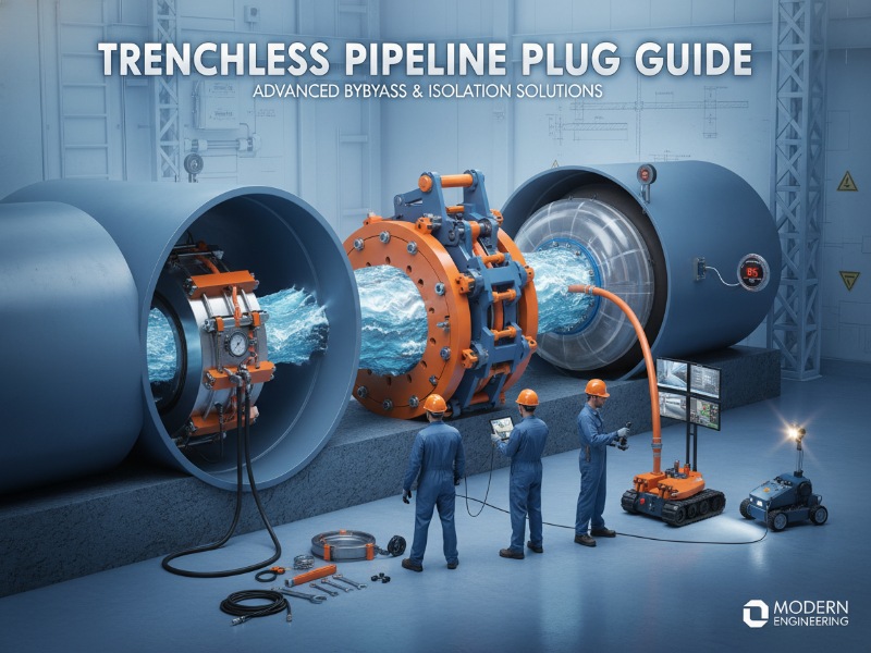 An illustrative guide to trenchless pipeline plugs showing advanced bypass and isolation solutions with engineers operating robotic equipment and monitoring water flow inside large industrial pipes.