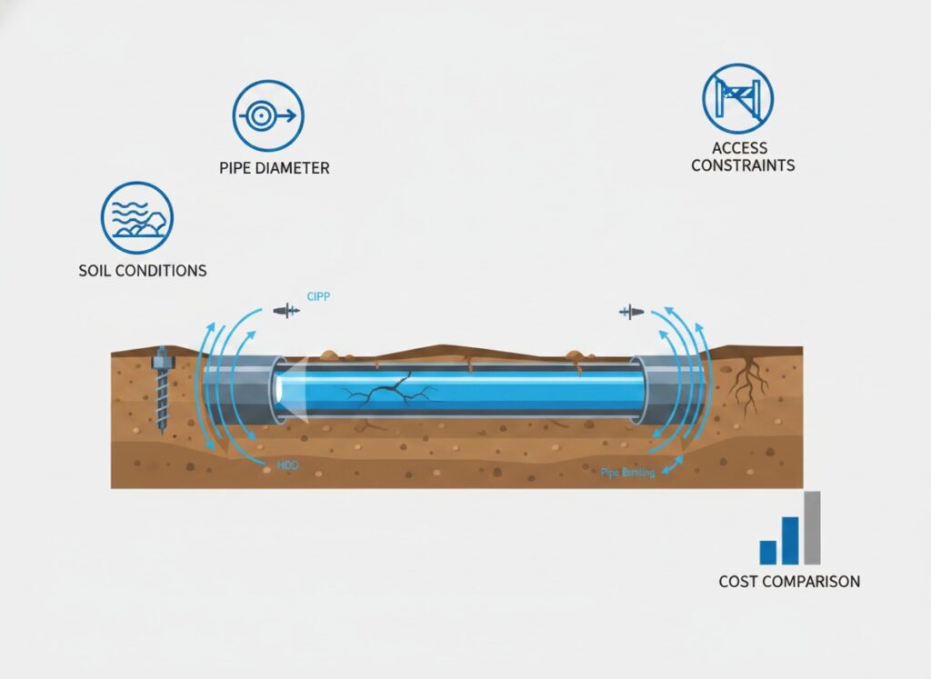 A detailed infographic diagram illustrating various trenchless pipe repair technologies including CIPP, HDD, and pipe bursting, with considerations for soil conditions, pipe diameter, and cost comparisons.