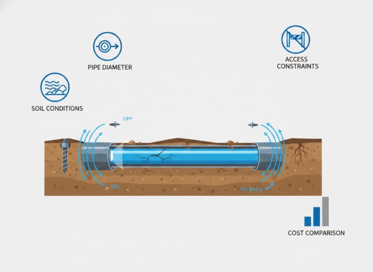 A detailed infographic diagram illustrating various trenchless pipe repair technologies including CIPP, HDD, and pipe bursting, with considerations for soil conditions, pipe diameter, and cost comparisons.