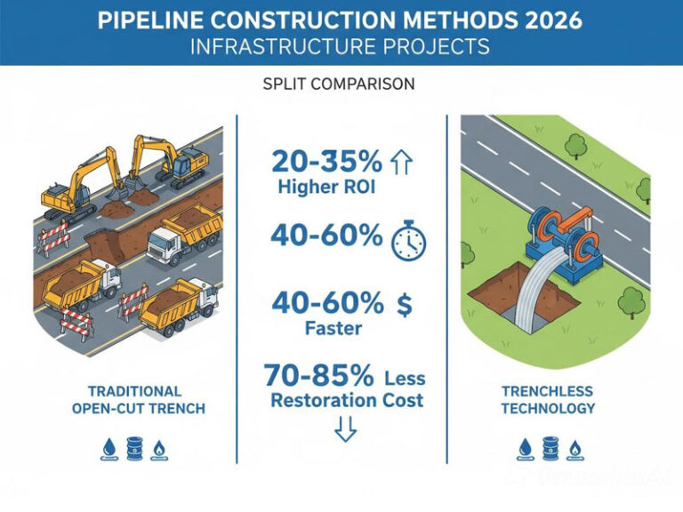Comparison infographic showing trenchless vs traditional pipeline construction methods with ROI data for 2026 infrastructure projects
