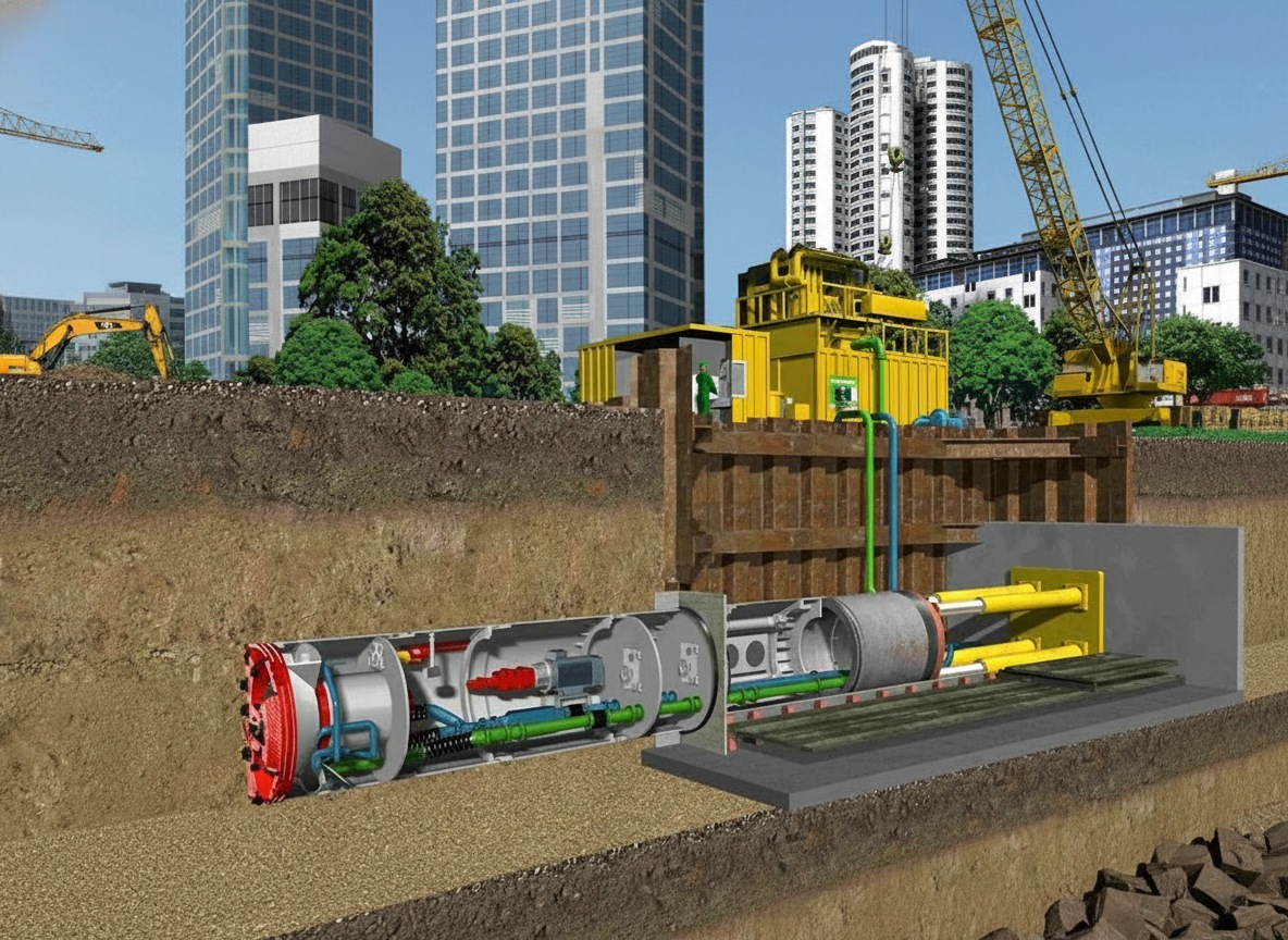 A cross-section illustration of an underground tunnel boring machine (TBM) or microtunneling equipment excavating a path beneath a city, showing hydraulic jacks, internal machinery, and surface support equipment near skyscrapers