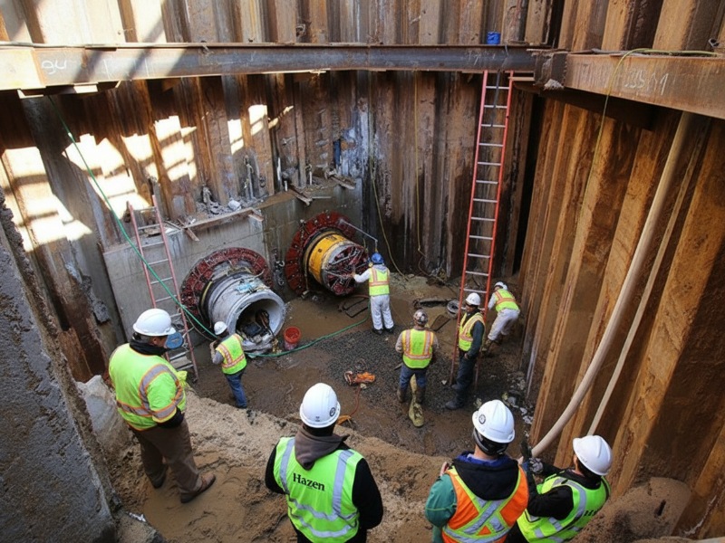 A group of construction workers in high-visibility vests and hard hats inspecting a deep excavation site with large underground pipes and reinforced metal walls
