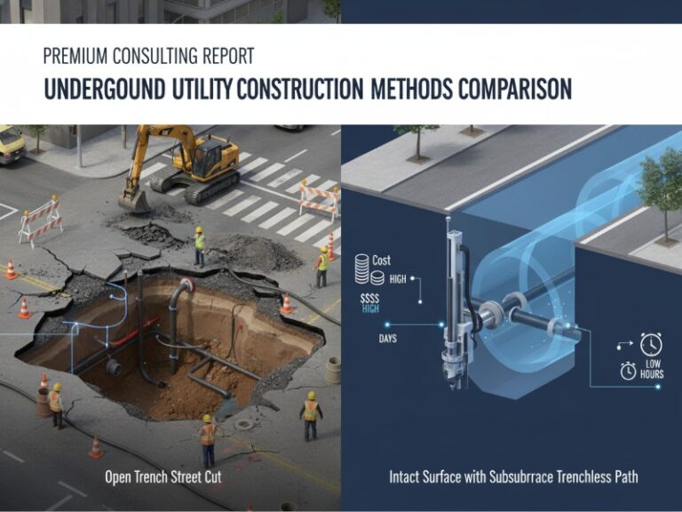 A consulting report graphic comparing underground utility construction methods: an open trench street cut with high costs and days of work versus an intact surface with subsurface trenchless path showing lower costs and hours to complete.