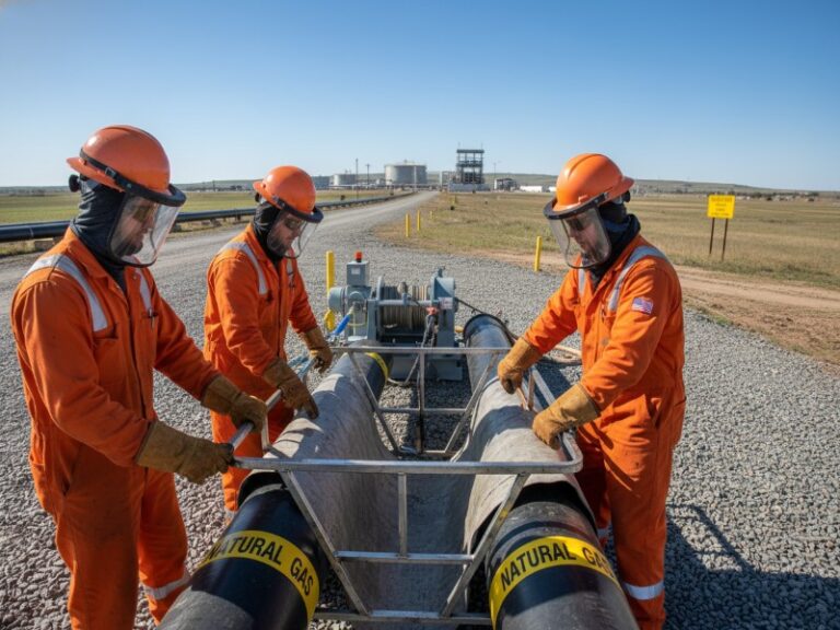 Three workers in orange PPE install a CIPP liner into a natural gas pipeline on a gravel work pad, with distant industrial equipment.