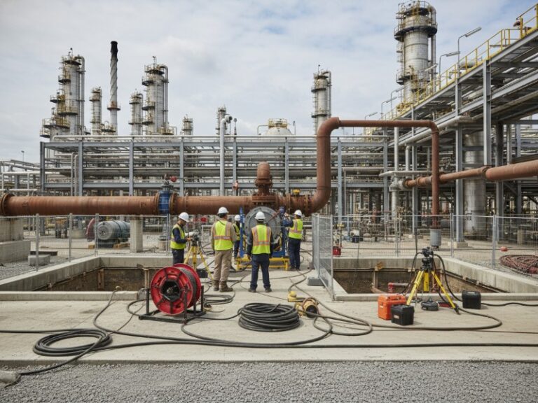 Professional team in reflective vests and hard hats performing trenchless pipeline repair with CIPP lining equipment at a large industrial oil and gas plant.
