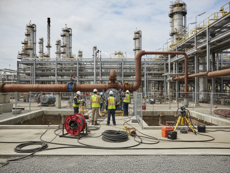 Professional team in reflective vests and hard hats performing trenchless pipeline repair with CIPP lining equipment at a large industrial oil and gas plant.