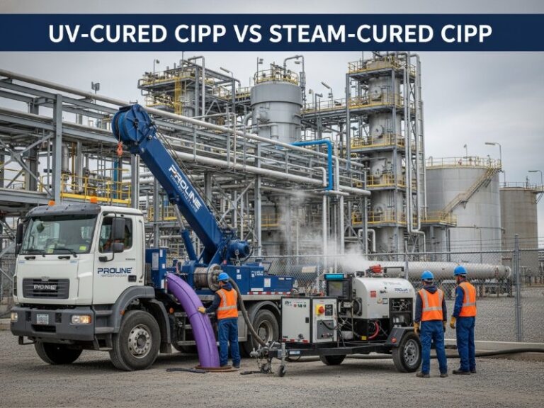 CIPP trenchless lining equipment actively used for pipeline rehabilitation in an industrial facility with workers and a steam-curing unit.