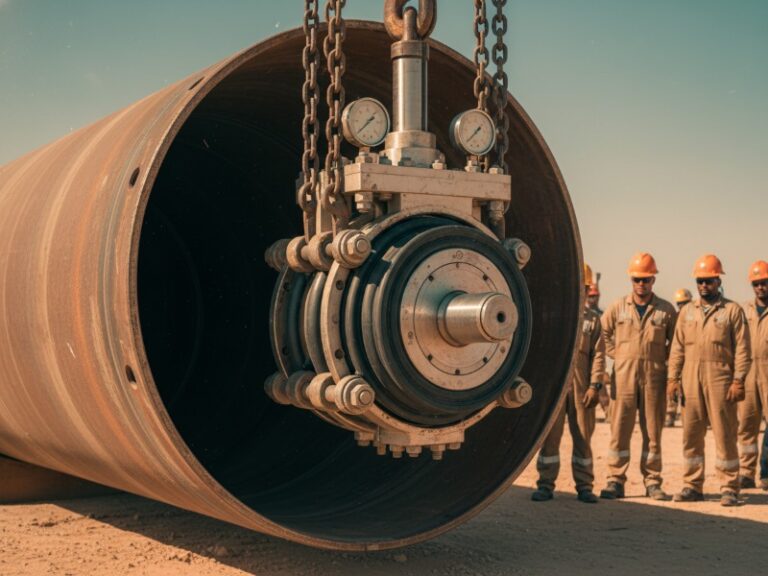 A heavy-duty mechanical pipeline plug with a metal mandrel and thick rubber seals being inserted into a large-diameter oil and gas steel pipe at a desert construction site