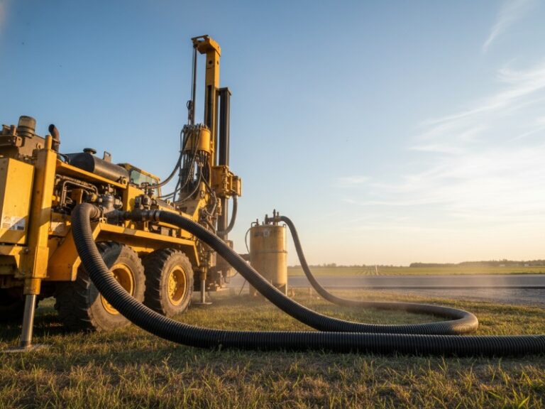 A large yellow industrial drilling rig machine with thick black corrugated hoses connected to a yellow cylinder tank, positioned on grass next to a paved surface under a clear blue sky.