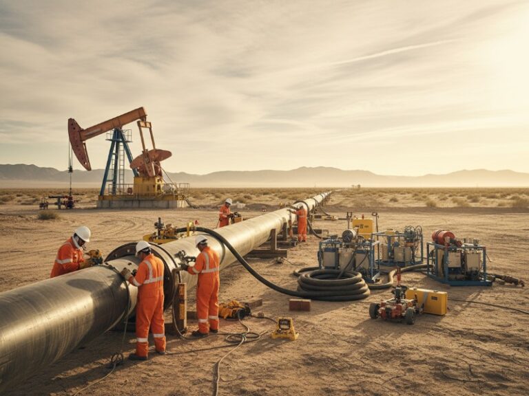 Construction crew in orange safety gear works on a large steel pipeline in the desert, with an oil pump jack under golden hour.