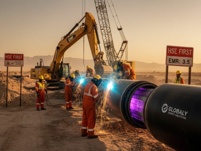 Workers in orange suits are welding a large black steel pipeline with internal purple UV curing equipment at a desert construction site.