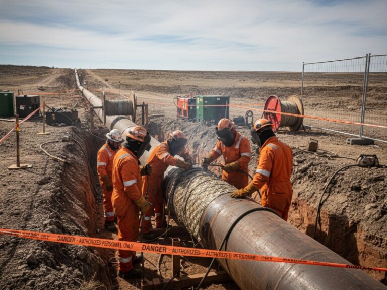 Workers in protective gear weld and apply composite wrap to a large-diameter oil pipeline in a trench on a remote, arid field.