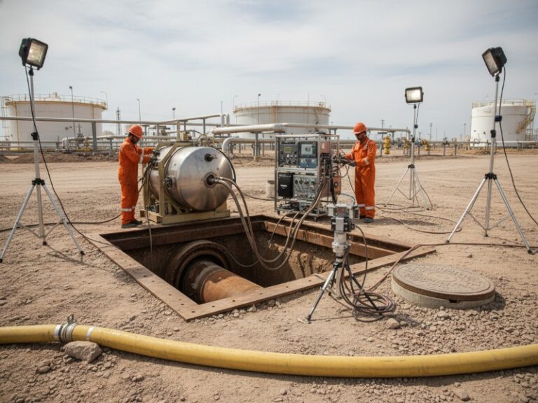 Two workers in orange coveralls and hard hats operating specialized equipment over a pit at an industrial facility with storage tanks and pipelines.