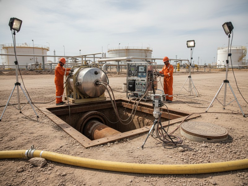 Two workers in orange coveralls and hard hats operating specialized equipment over a pit at an industrial facility with storage tanks and pipelines.