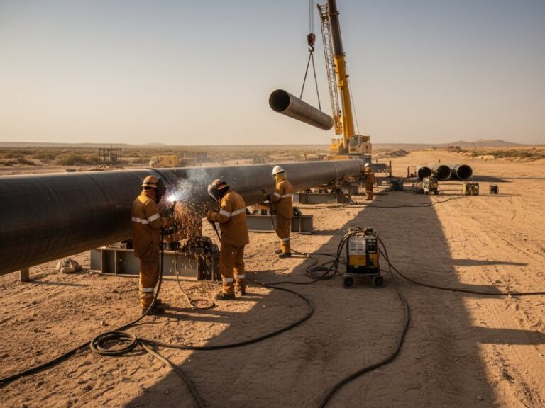 Welders in safety gear construct a large-diameter steel oil and gas pipeline in a sunny, remote desert industrial area with a crane overhead.