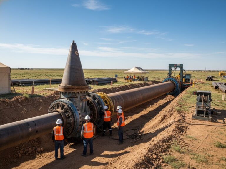 Industrial workers in safety vests and hard hats perform trenchless rehabilitation on a large-diameter steel gas pipeline in a vast open field.