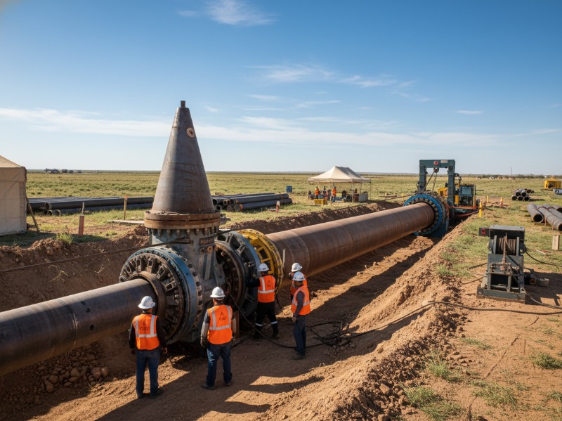 Industrial workers in safety vests and hard hats perform trenchless rehabilitation on a large-diameter steel gas pipeline in a vast open field.