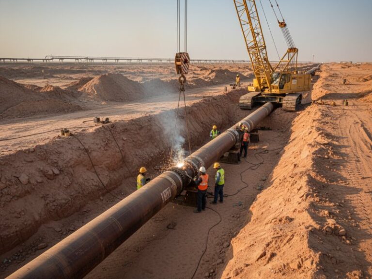 Workers in safety gear are welding a large steel oil and gas pipeline section laid in a dusty desert trench, with a yellow crawler crane nearby.