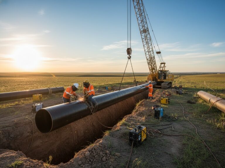 Professional construction workers weld a large black steel pipeline being lowered by a crane into a trench across an open grassland at sunset.