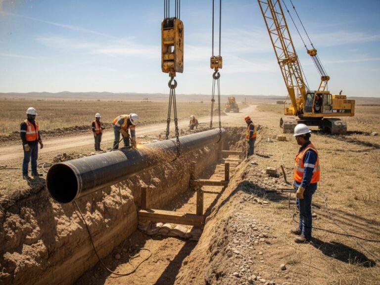 Construction workers are welding a large steel pipeline section being lowered into a trench by heavy equipment in a sunny, expansive open field.