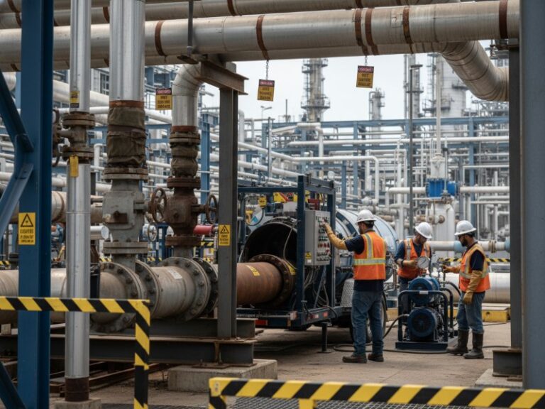 Workers in safety vests and hard hats operating equipment for oil and gas pipeline rehabilitation in a busy industrial plant with many pipes and valves.