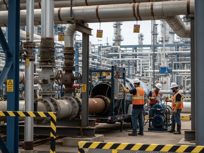 Workers in safety vests and hard hats operating equipment for oil and gas pipeline rehabilitation in a busy industrial plant with many pipes and valves.